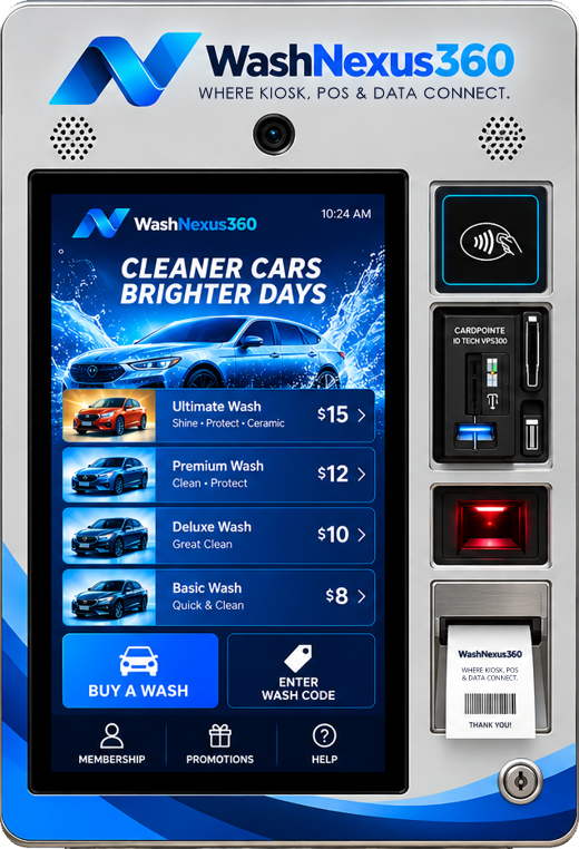 The WashNexus360 kiosk standing at the entrance of a car wash tunnel