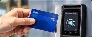 A customer tapping a card on the kiosk reader